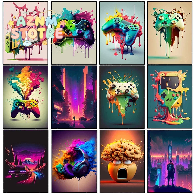 Esports Gaming Room - Lukisan Kanvas Vintage Warna-warni Punk Neon