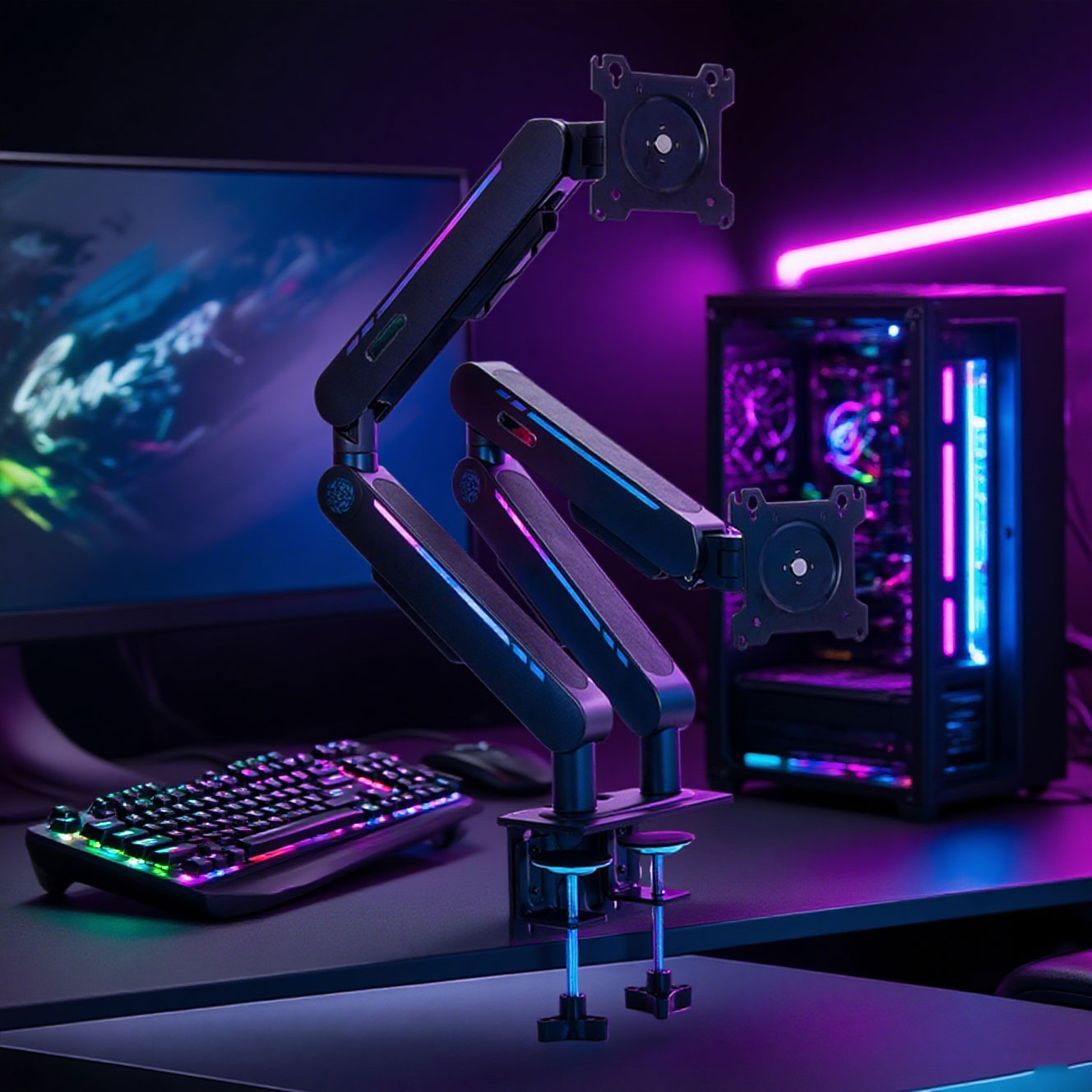 Penyangga Meja dengan Pegas Ga - Dual Monitor Stand ulasan dan harga